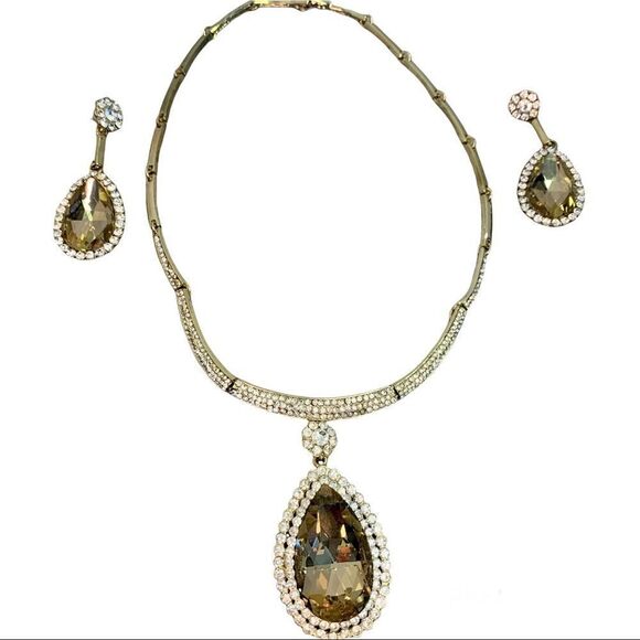TAN brown gem jewelled rhinestone embellished oval teardrop necklace earring set - Picture 1 of 6